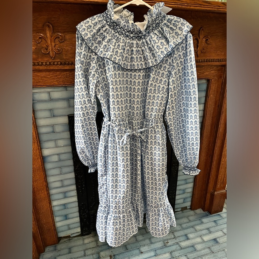 Smockingbird Provence Blue Block Print Ladies Smocked Ruffle Collar Dress Medium